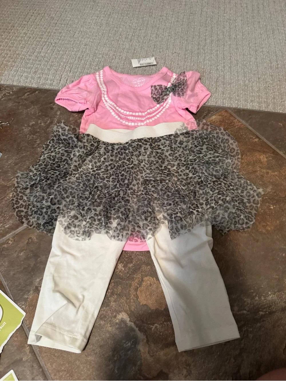 NWT 9-12 mth Pink Pearl-Print Top with Leopard Skirt connected to cream leggings